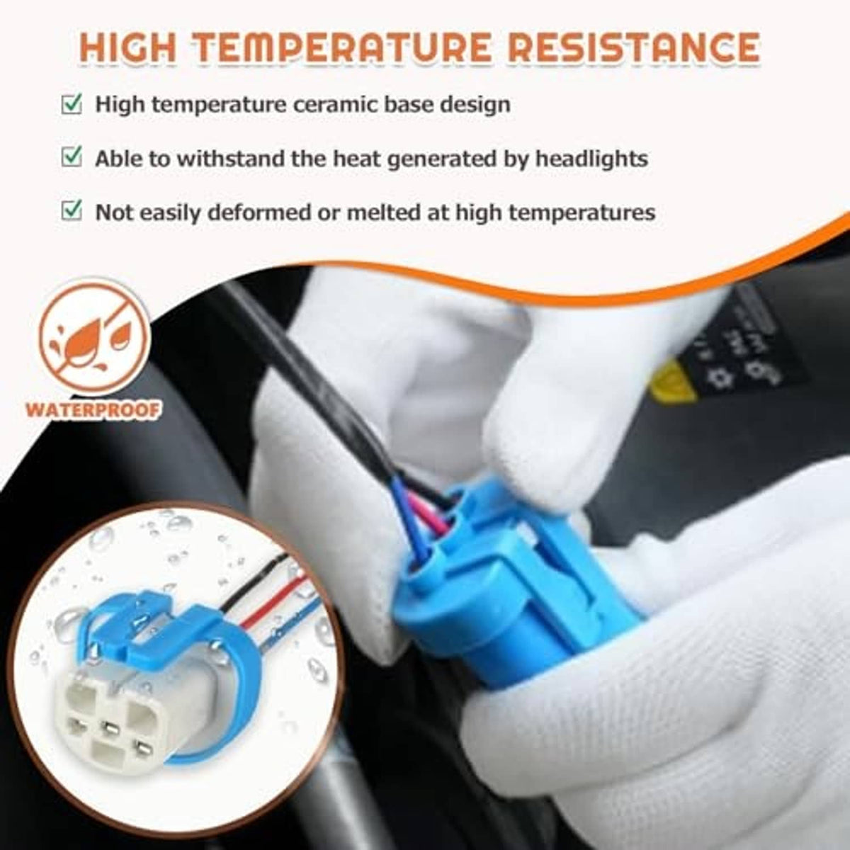 Blue 3-pin headlight wiring harness connector with wire leads and sealed plug housing