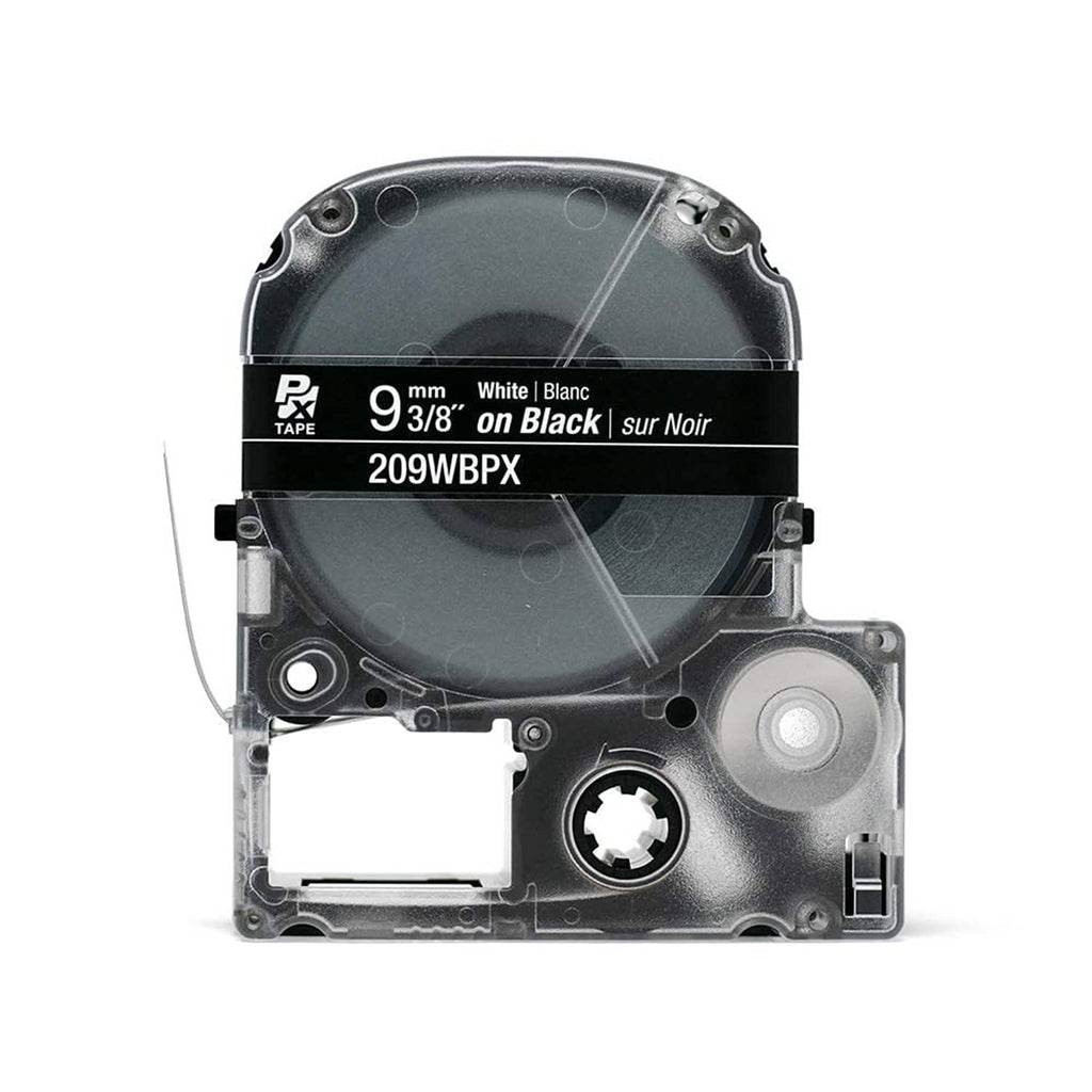 Epson LabelWorks PX tape cartridge, front view with opening, 9 3/8-in black tape with white (209WBXP)
