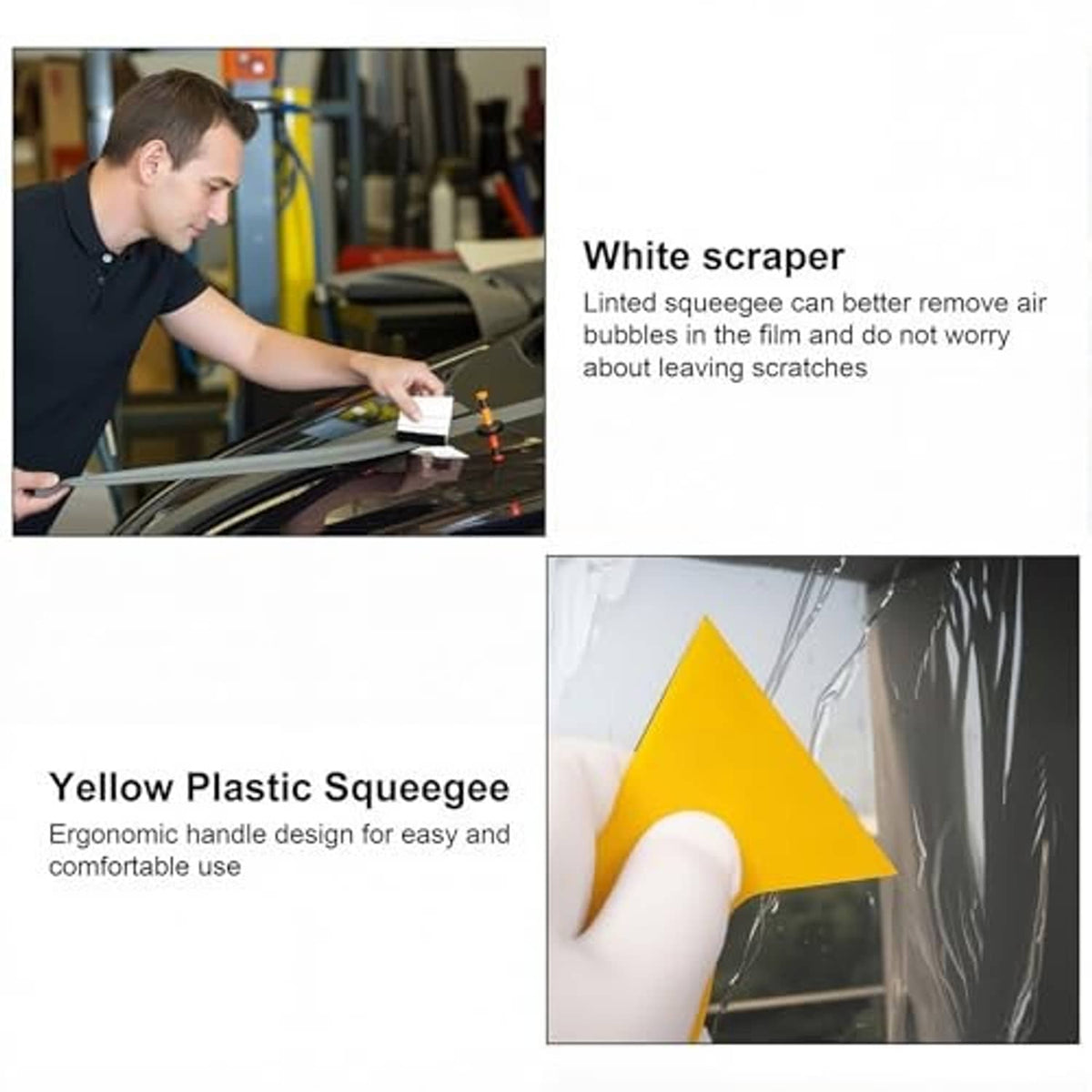 Car window film squeegee set with white scraper blade and yellow plastic squeegee