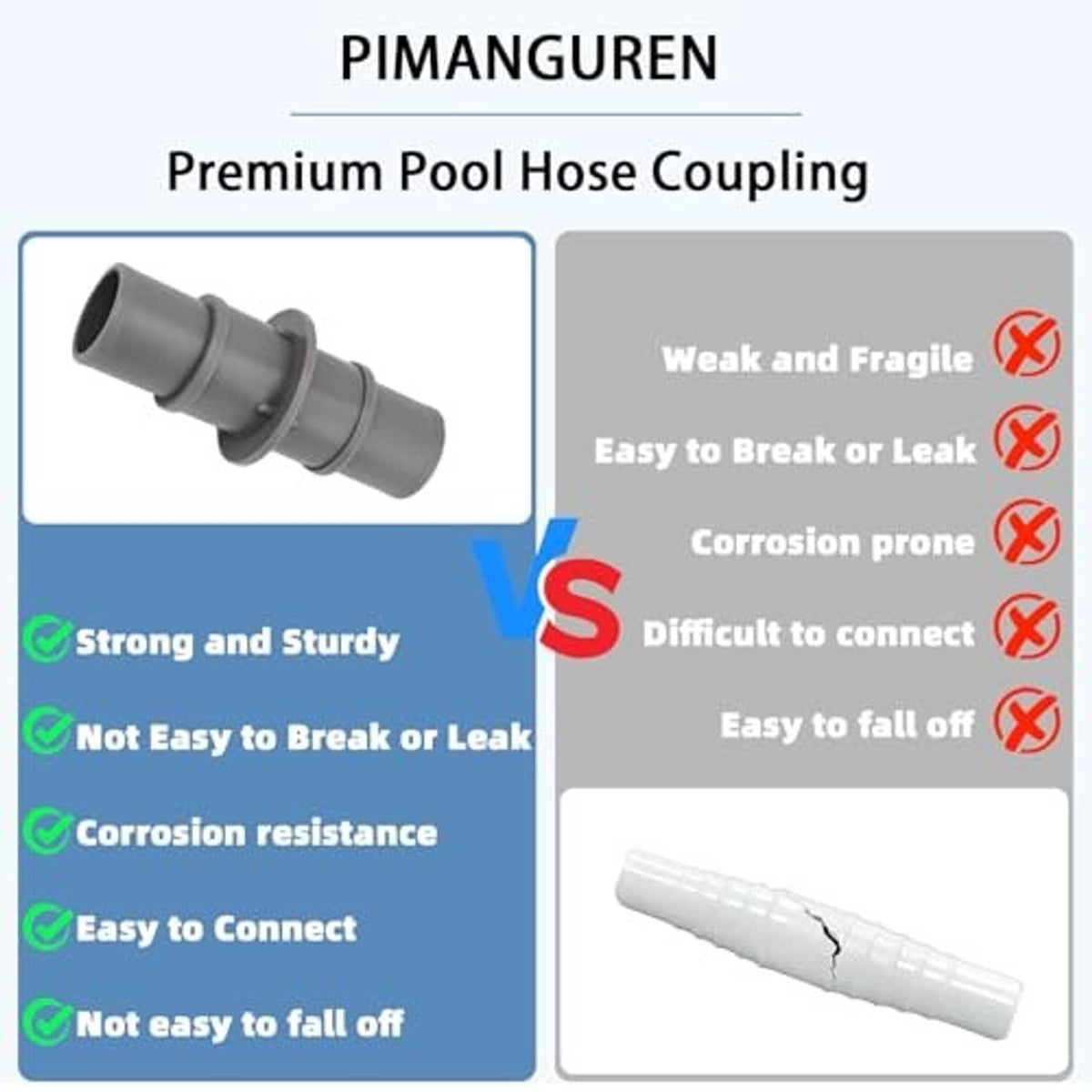 Gray pool hose coupling connector with end fittings and stainless steel clamp