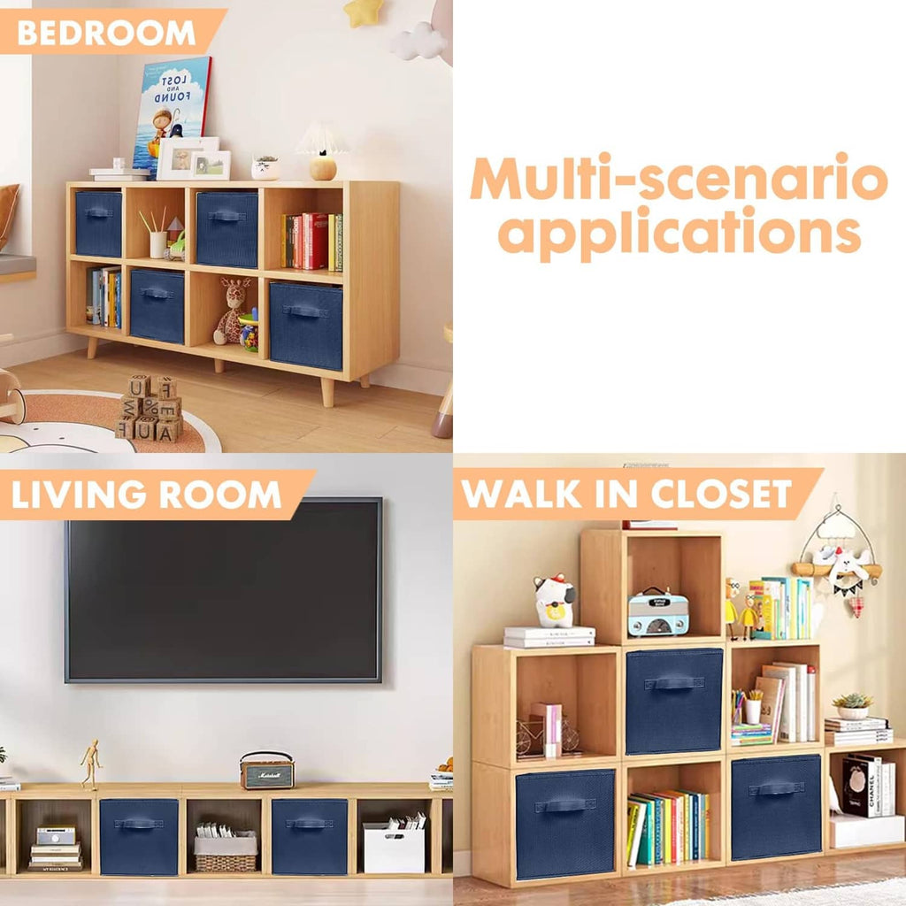 Blue fabric storage cubes displayed on shelves for bedroom and closet organization