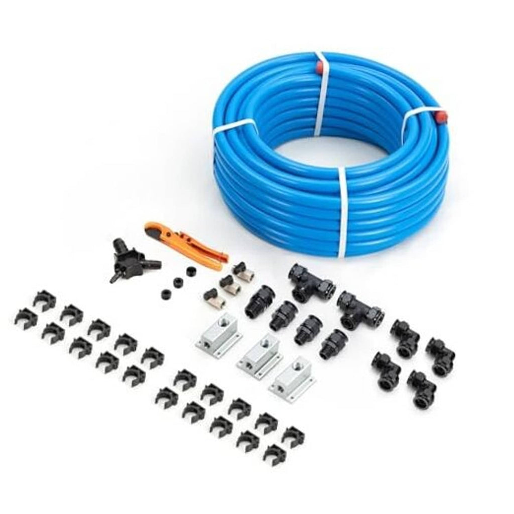 Blue compressed air hose coil kit with black fittings and metal outlet pieces