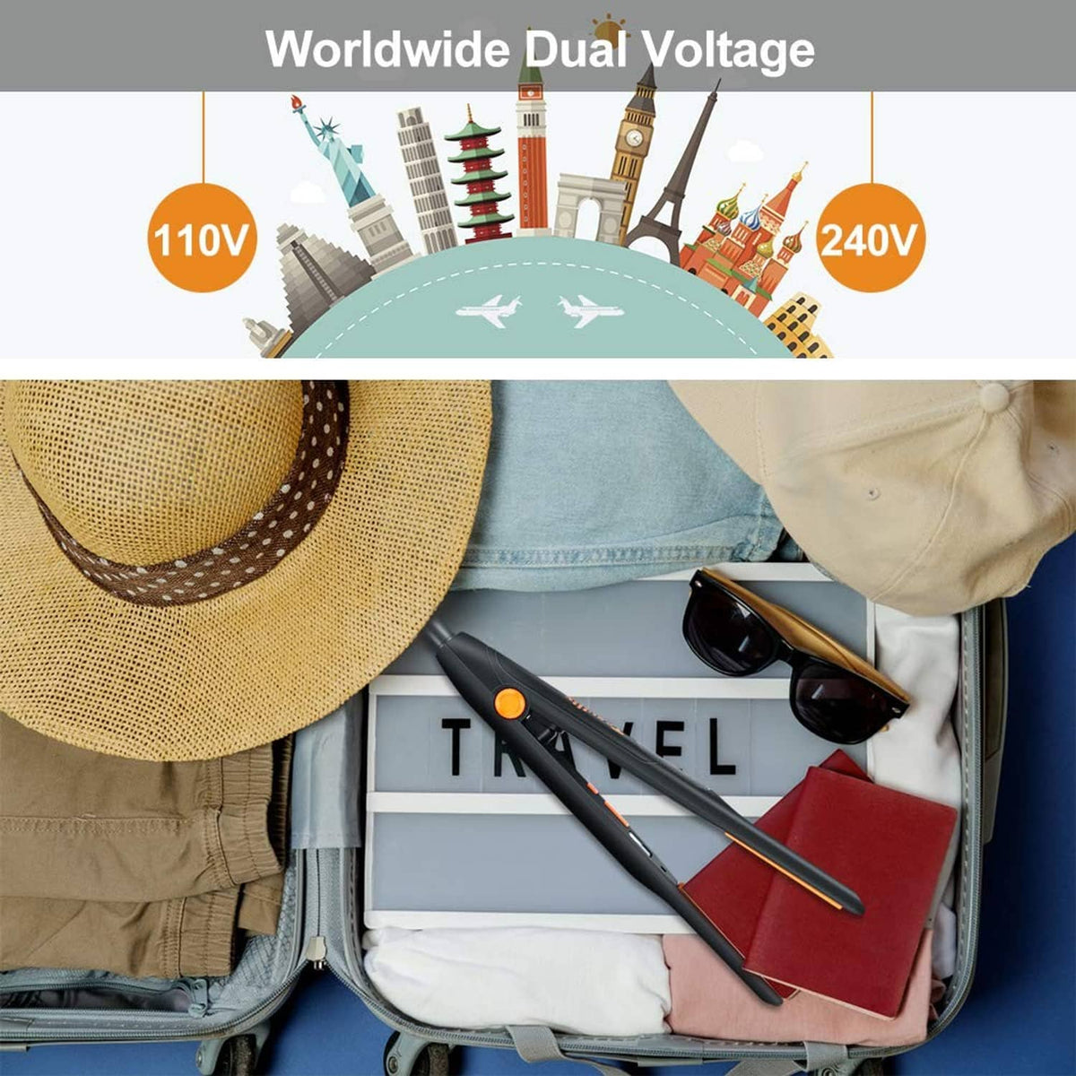 Dual-voltage compact flat iron shown in a travel case with orange power switch