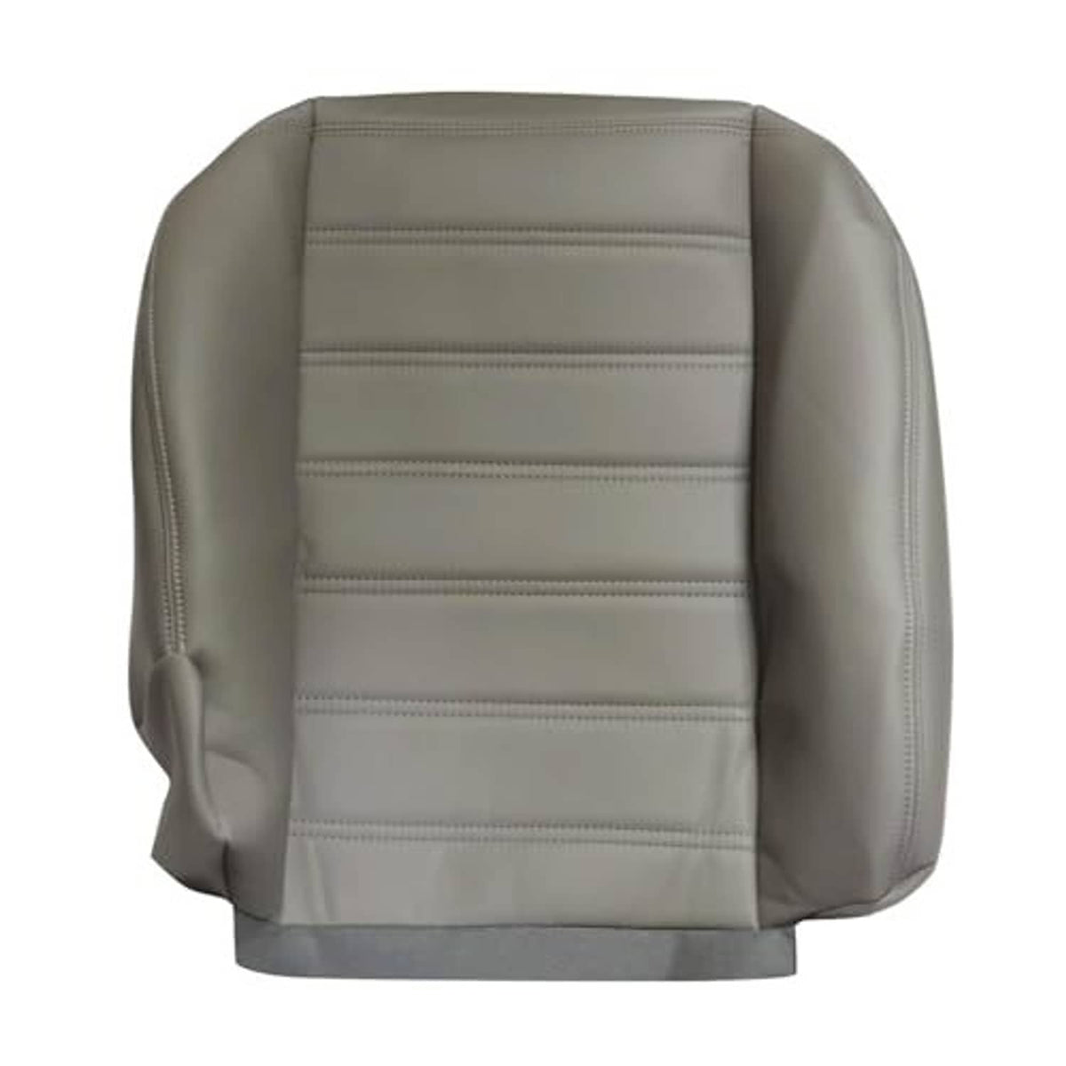 Gray synthetic leather seat cover with vertical side stitching and horizontal seam lines