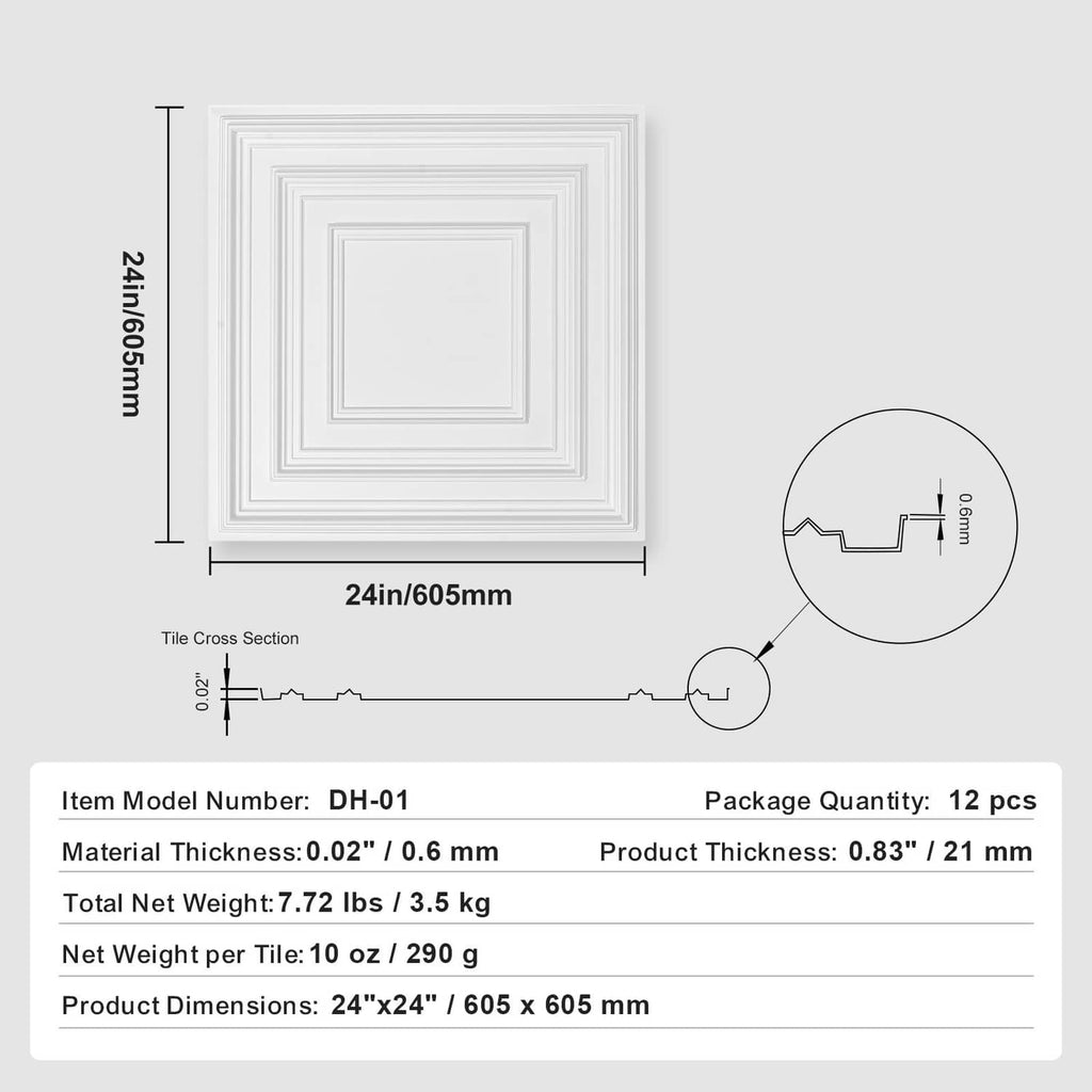 White square ceiling tile cross-section diagram with 24 x 24 in dimensions
