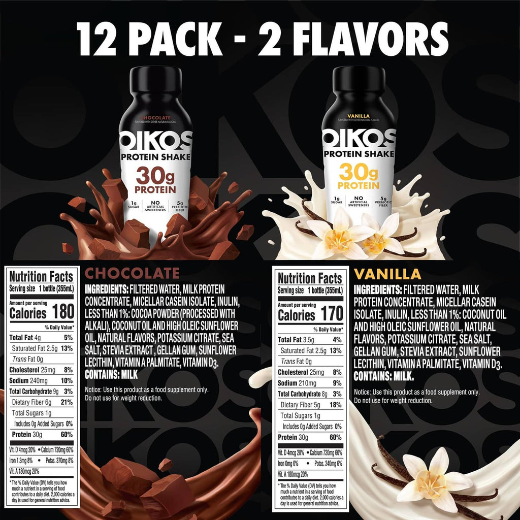 Oikos protein shake 12-pack: chocolate and vanilla bottles with nutrition facts panels