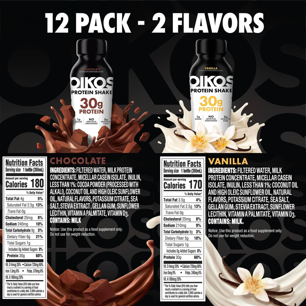 Oikos protein shake 12-pack: chocolate and vanilla bottles with nutrition facts panels