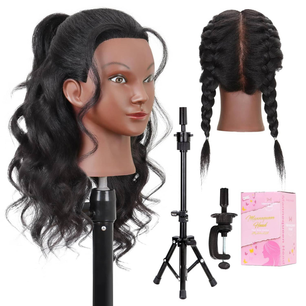 Human-hair mannequin head with long black wavy hair, plus tripod stand and clips