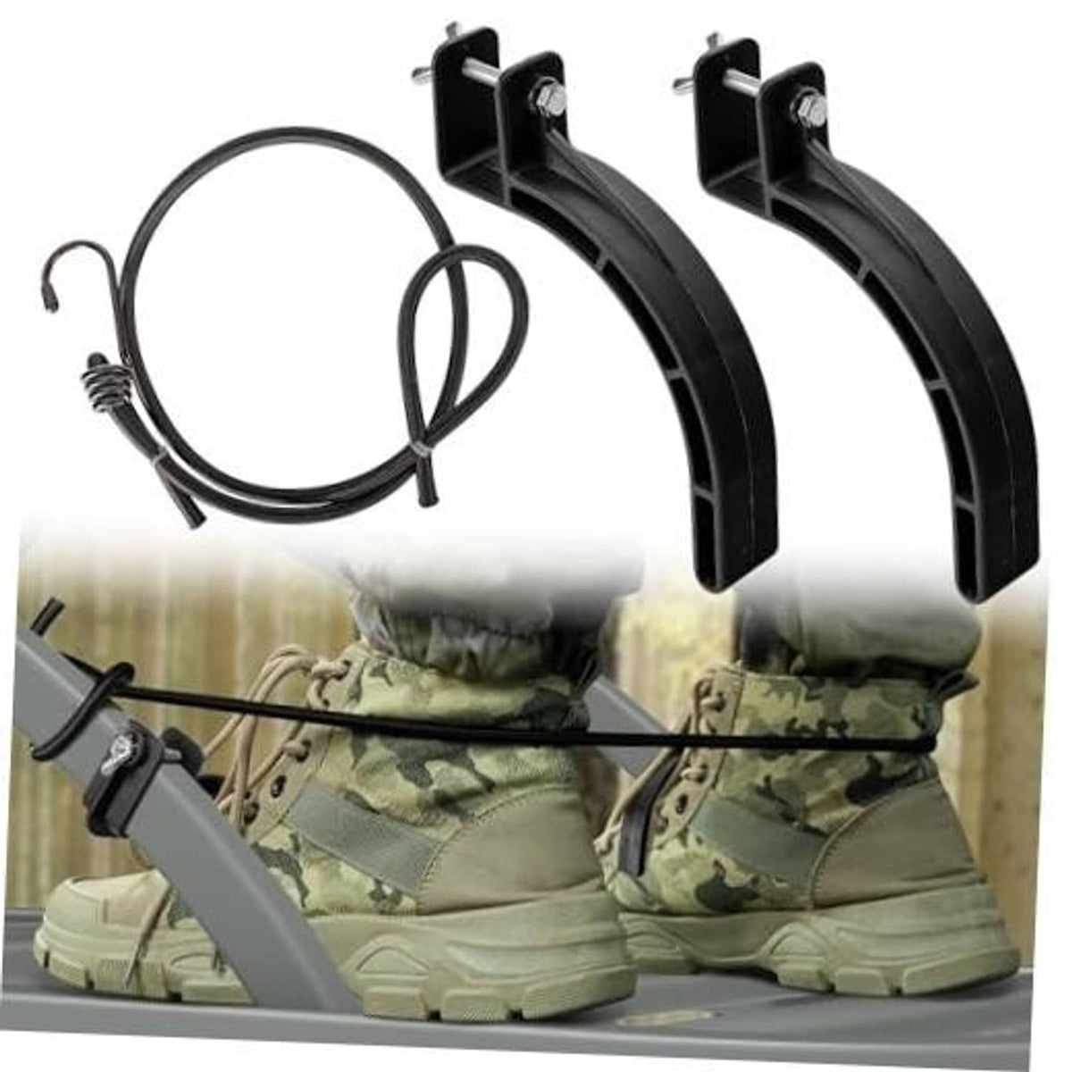 Black tree stand stirrup brackets with elastic rope and hooks, set of accessories