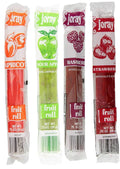 Joray fruit roll variety pack with four wrapped tubes: apricot, sour, raspberry, strawberry.