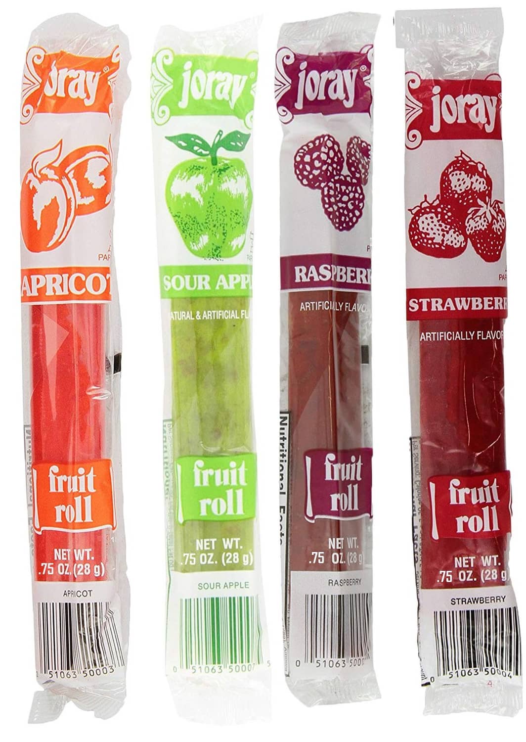 Joray fruit roll variety pack with four wrapped tubes: apricot, sour, raspberry, strawberry.