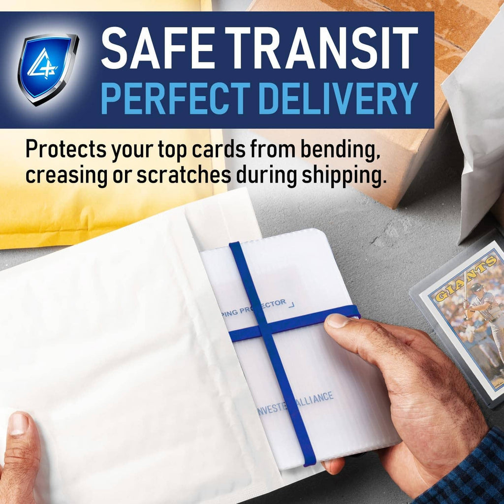 Semi-transparent trading card protector with blue rubber band inside shipping mailer