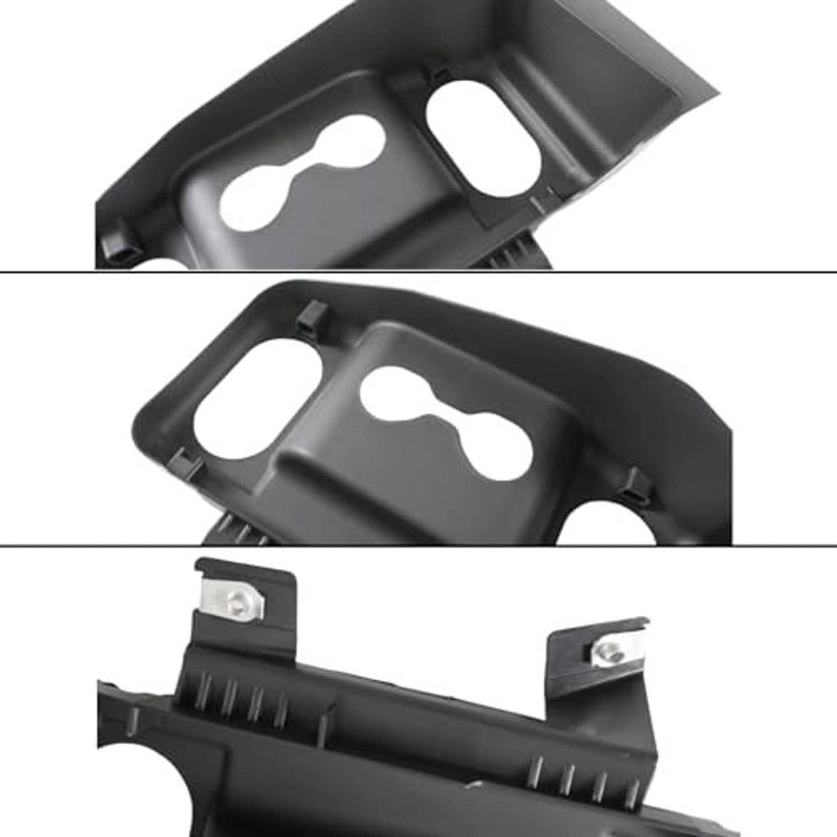 Black plastic air intake duct bracket detail, mounting brackets and ridged surface