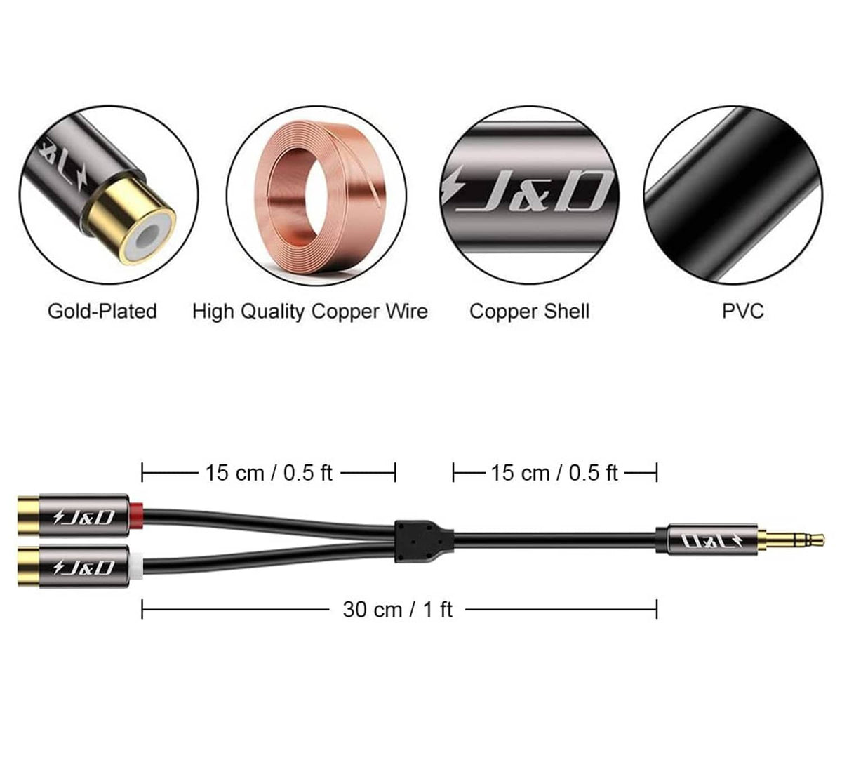RCA to 3.5mm audio cable showing gold-plated connectors, copper shell, PVC jacket