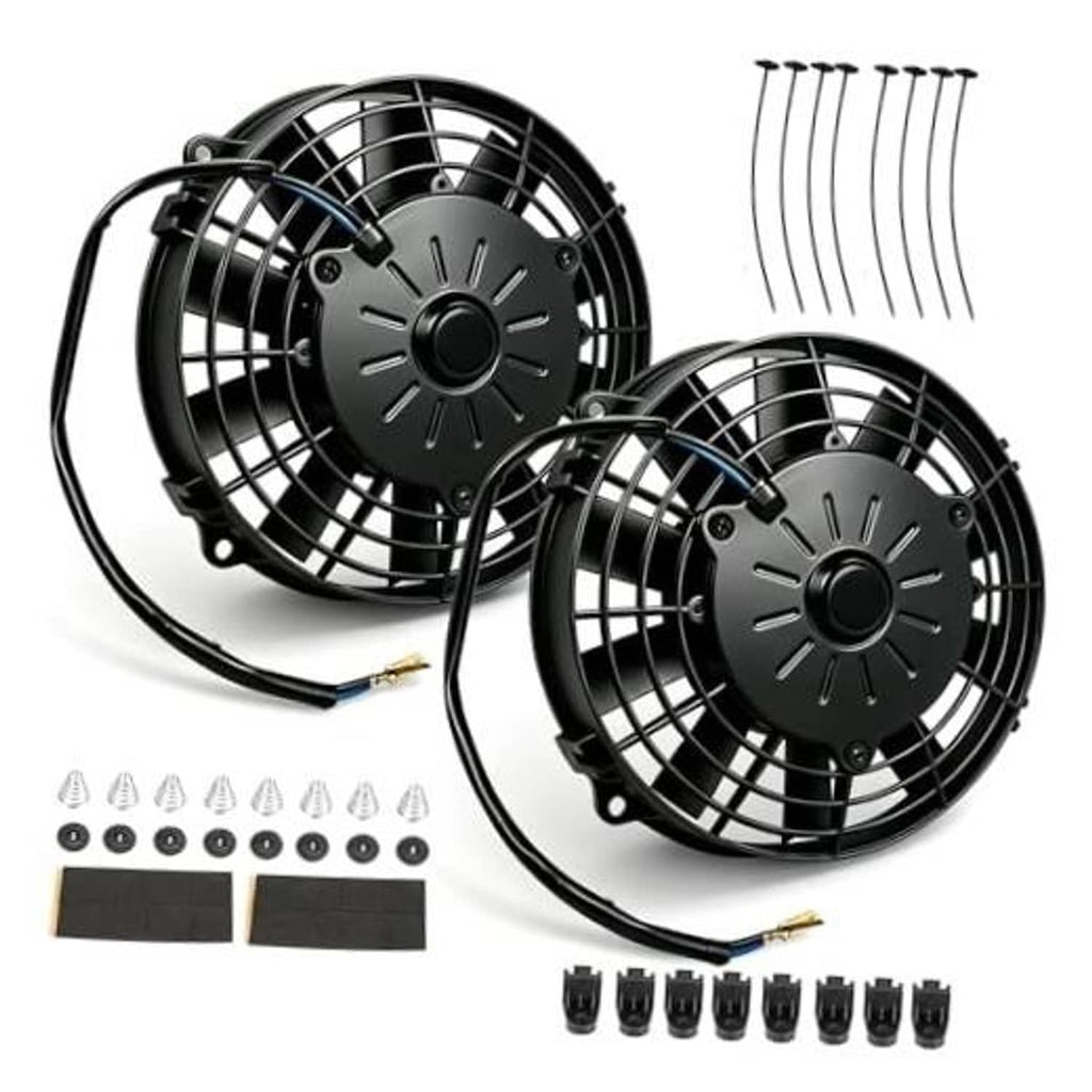 Set of two black 8-inch radiator cooling fans with grille and wiring kit