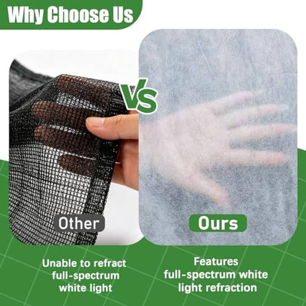 Plant sun cover fabric comparison: dark mesh versus light white non-woven panel.