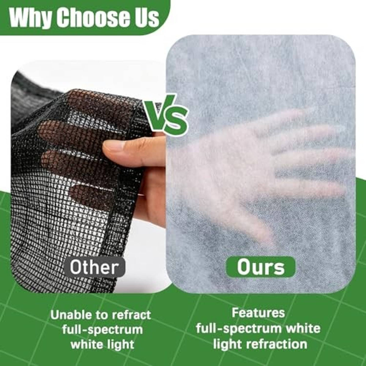 Plant sun cover fabric comparison: dark mesh versus light white non-woven panel.