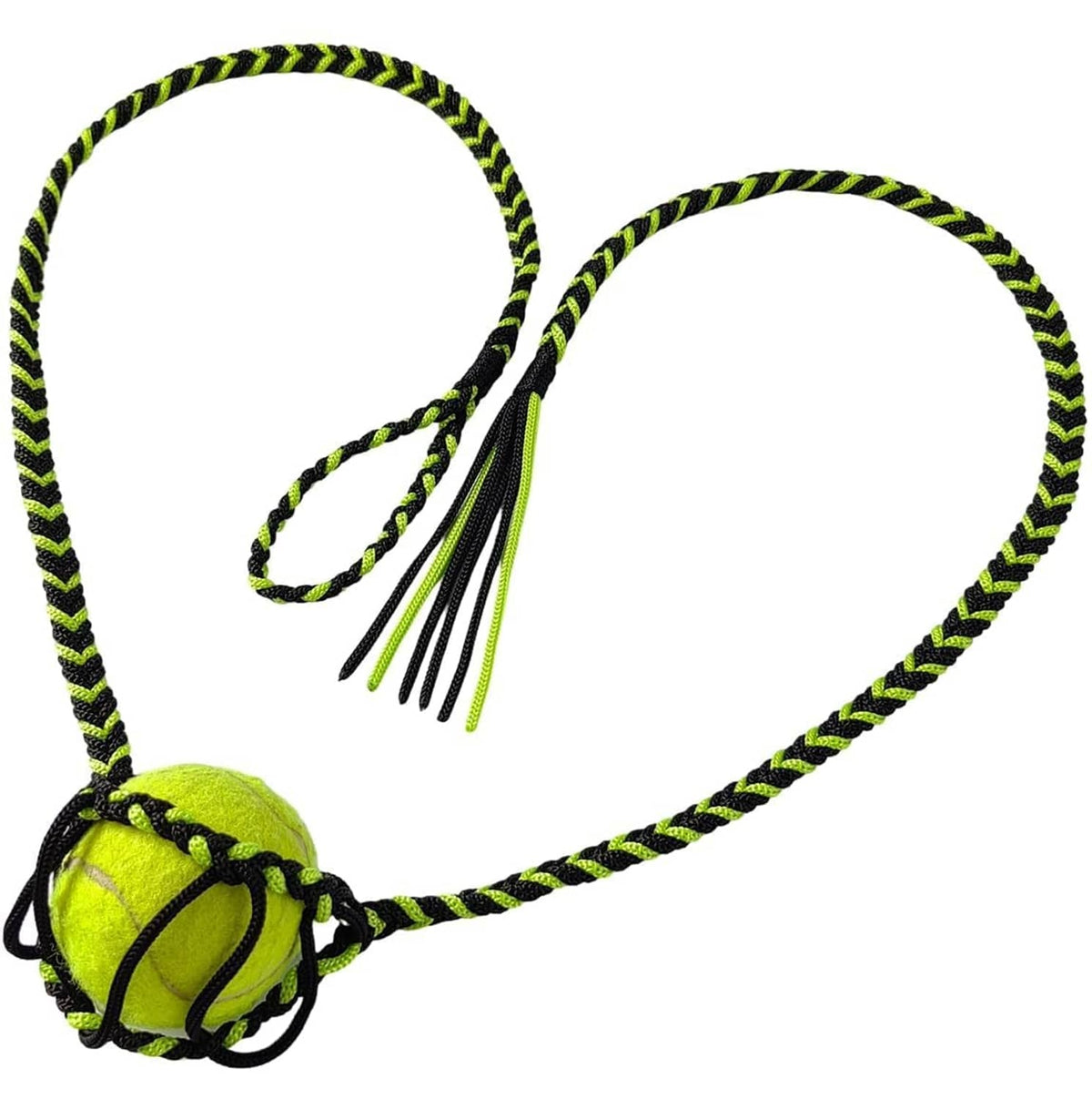 Handcrafted braided sling pouch with green and black rope, adjustable drawstring