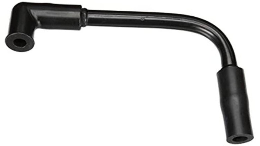 Curved black emission control hose with left flange and two open tube ends