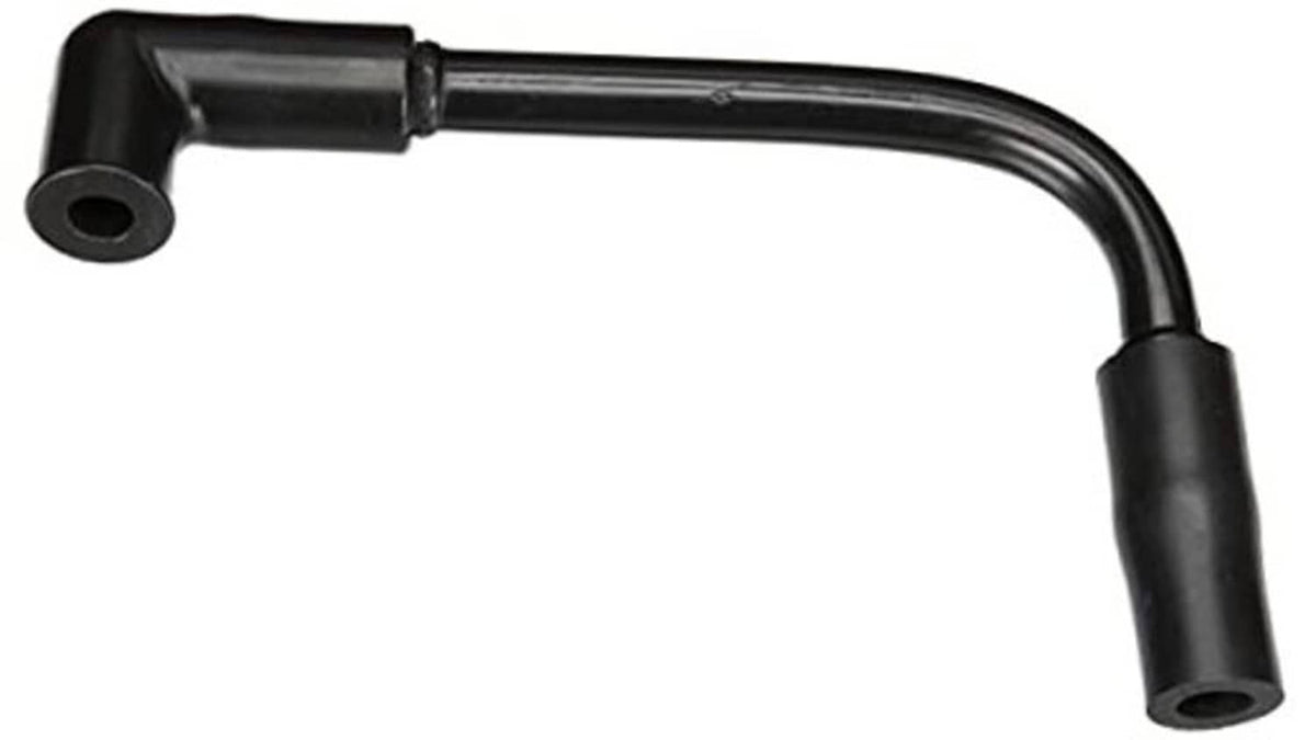 Curved black emission control hose with left flange and two open tube ends
