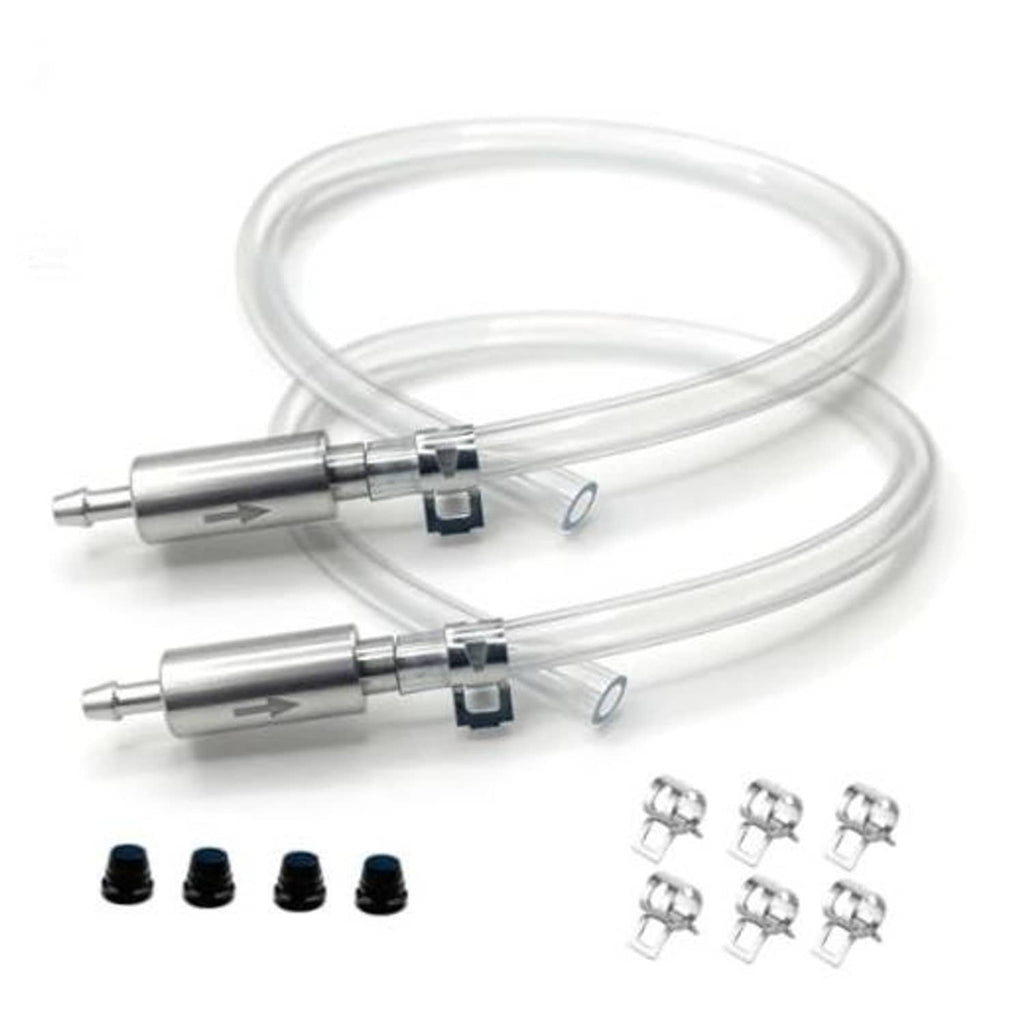 Universal brake bleeder hose kit with clear hoses, silver valve housings, and blue clamps