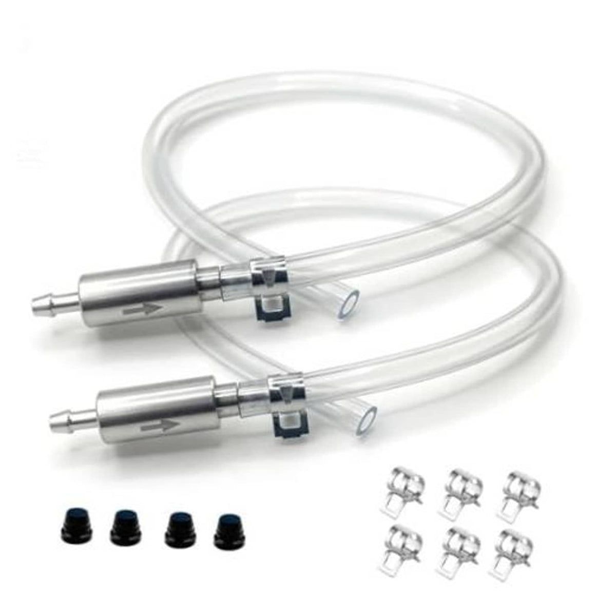 Universal brake bleeder hose kit with clear hoses, silver valve housings, and blue clamps