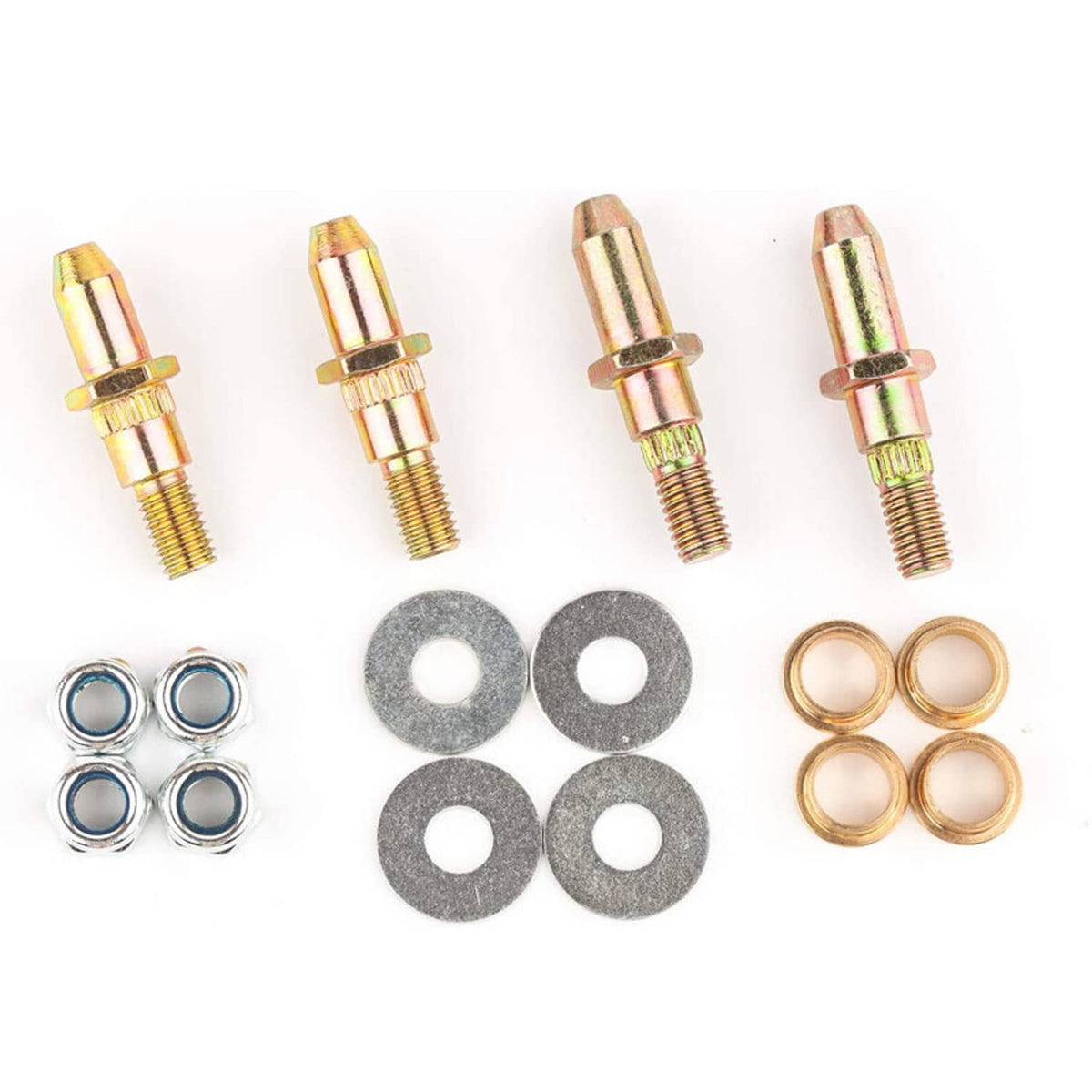 Front door hinge repair kit parts: roller pins, washers, nuts, and bushings