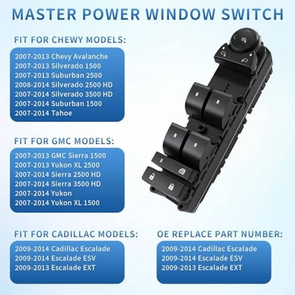 Master power window switch panel with multiple window and lock buttons