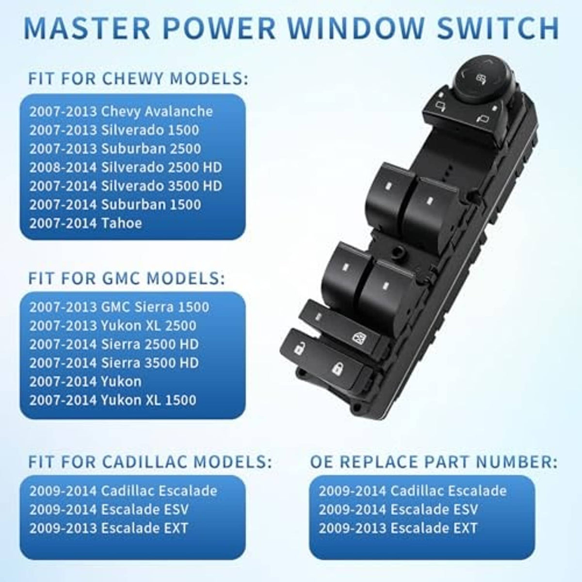 Master power window switch panel with multiple window and lock buttons