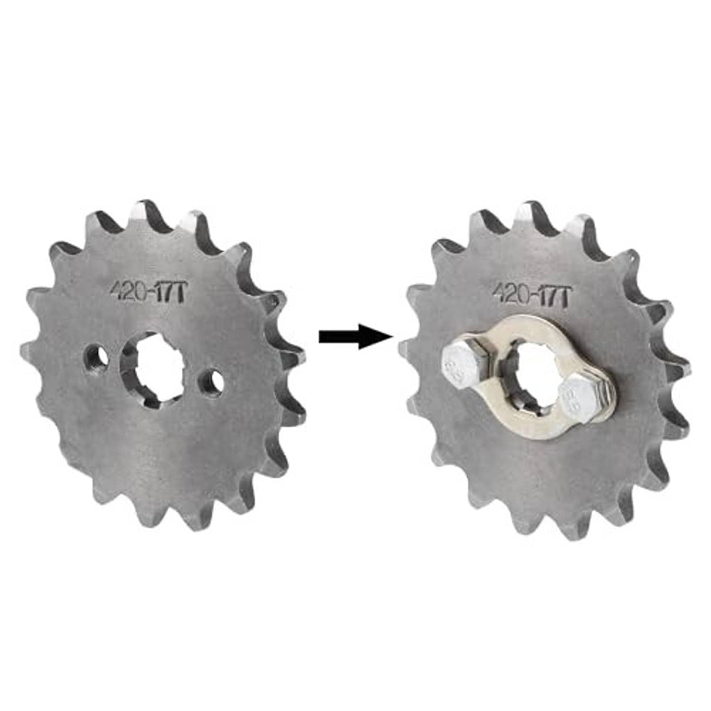 Front sprocket shown before and after installation, with chain-side hardware