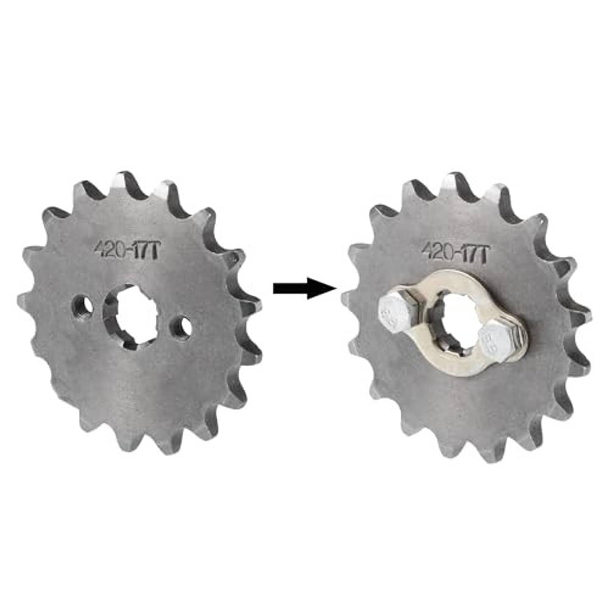 Front sprocket shown before and after installation, with chain-side hardware