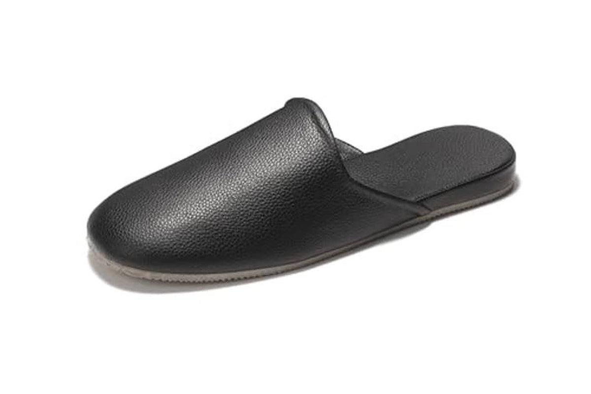 Black leather slip-on slippers with molded strap and low-profile sole