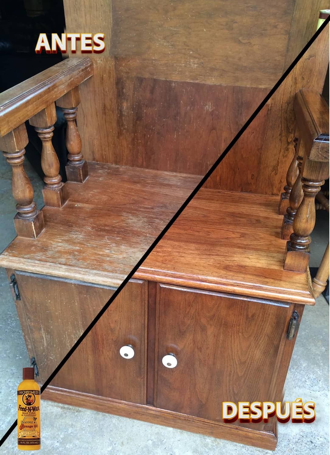 Howard Feed-N-Wax wood polish bottle on wooden cabinet surface