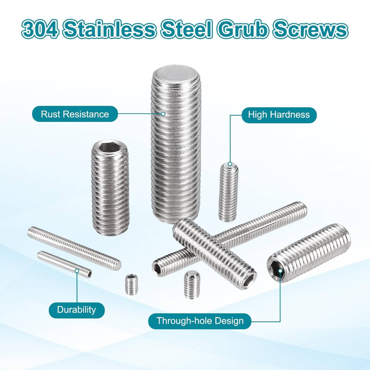 304 stainless steel grub screws with inner hex heads and tapered cup points