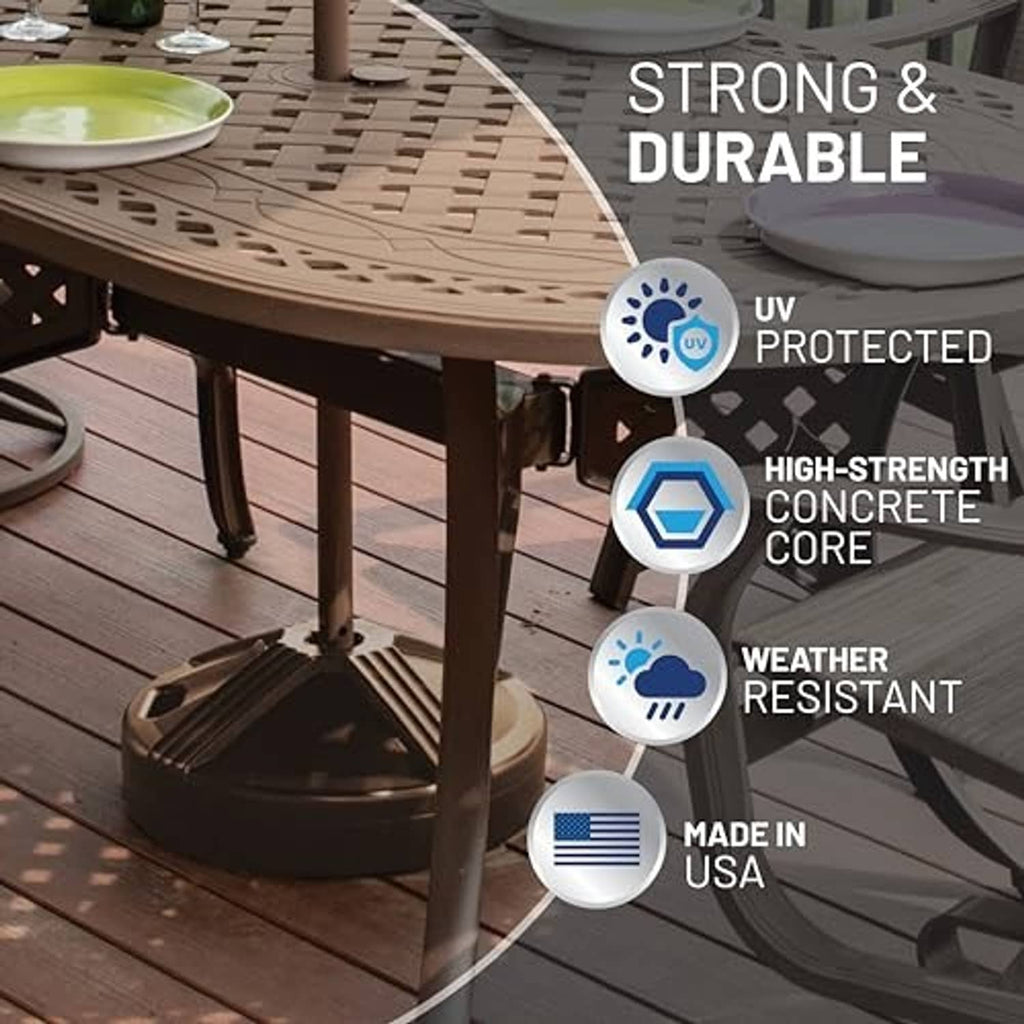 Brown fillable umbrella base on a patio deck next to a table and chairs