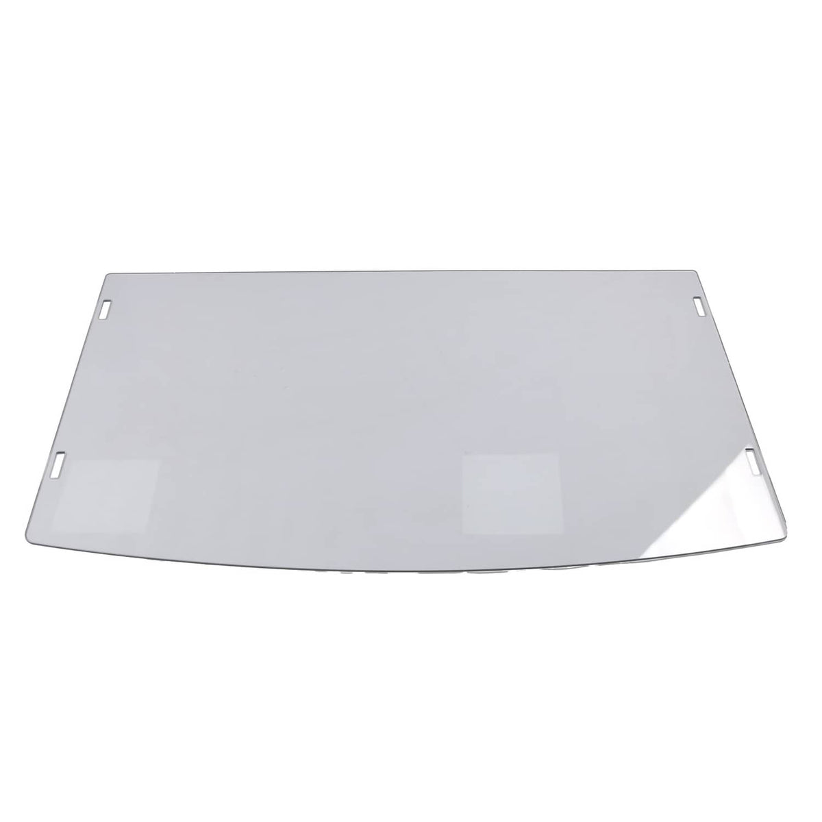 Curved front windshield panel with side mounting tabs, clear tinted plastic