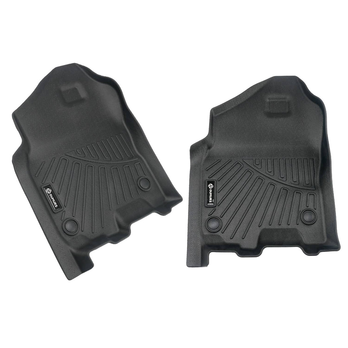 Pair of black TPE front floor mats with molded channels and circular anchor points
