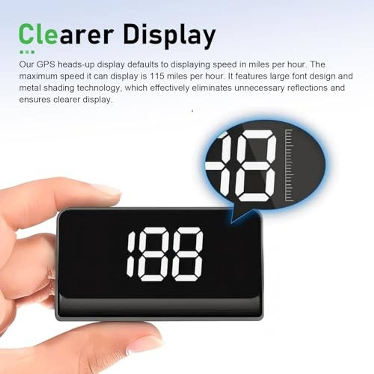 Car HUD speedometer with black screen, white digits 188, shown in hand