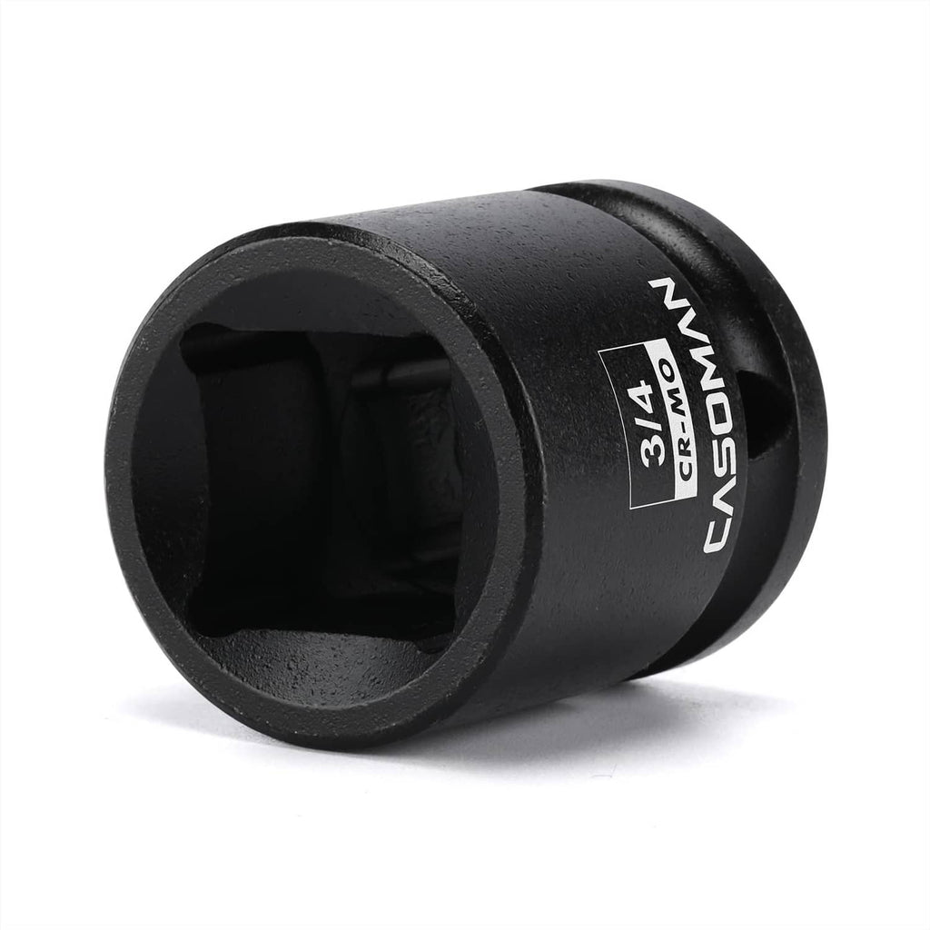 Black 3/4 in impact socket angled view, CASOMAN and 1/2 in drive markings