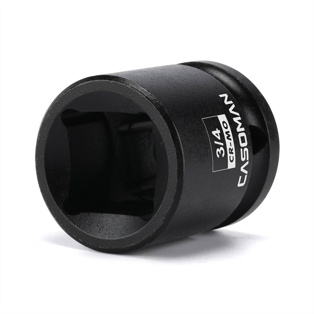 Black 3/4 in impact socket angled view, CASOMAN and 1/2 in drive markings