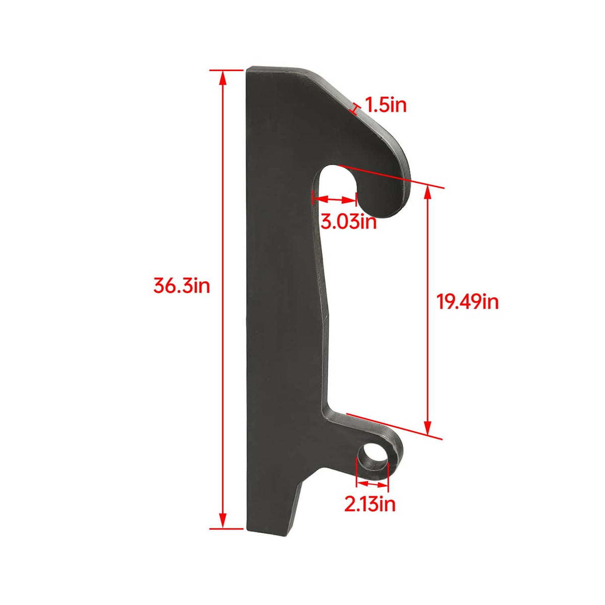 Black loader bracket with curved latch end and mounting slot, shown with size diagram