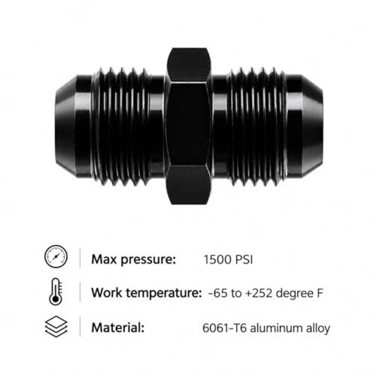 Straight 10AN male flare coupler union with hex middle; 6061-T6 aluminum alloy and 1500 PSI rating.
