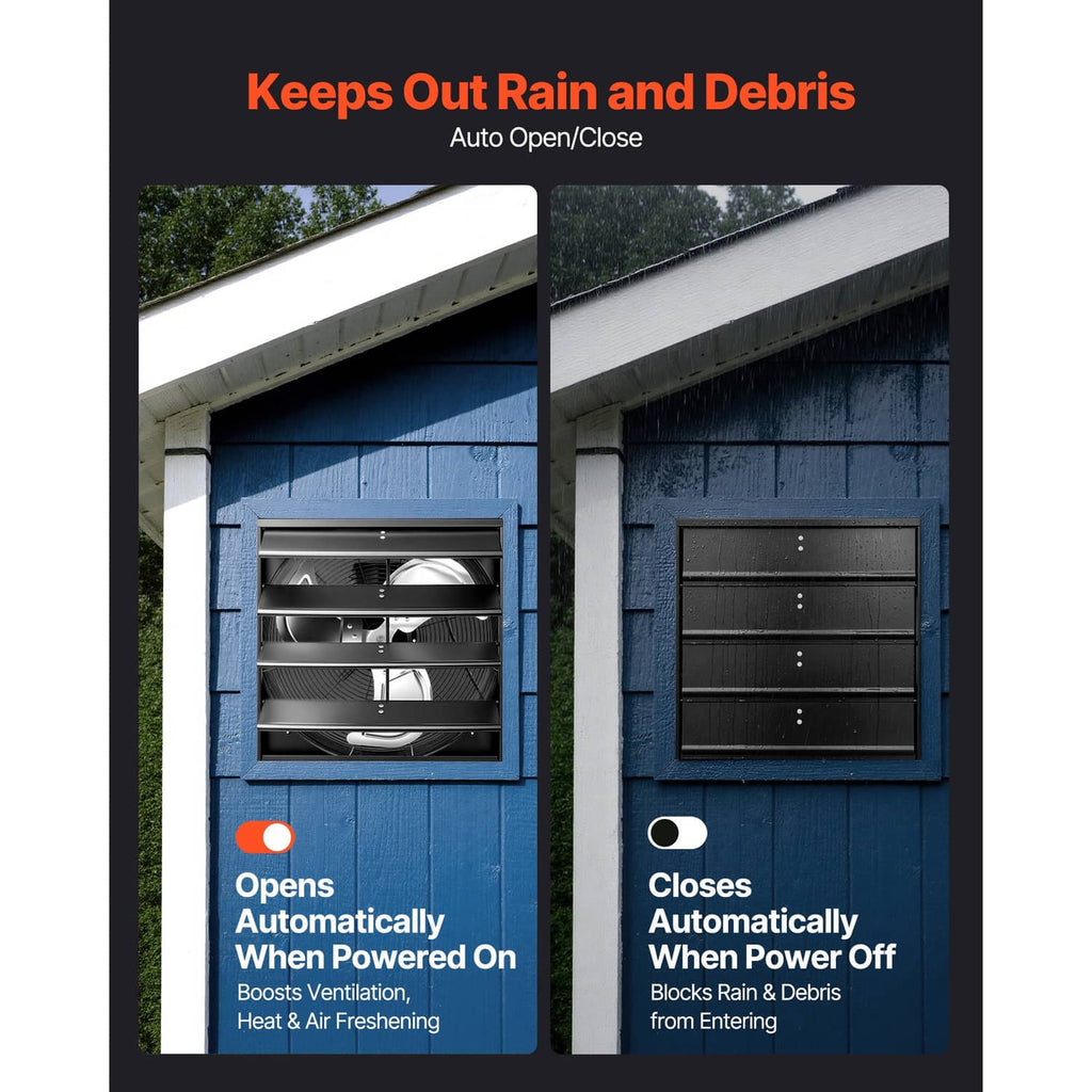 Wall-mount exhaust fan shutter that auto-opens and auto-closes to block debris