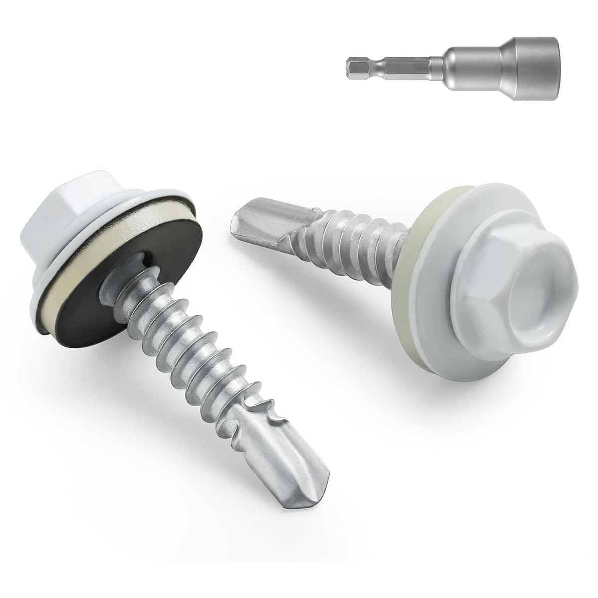 Self-drilling metal roofing screw with EPDM washer and external hex head, silver with white cap