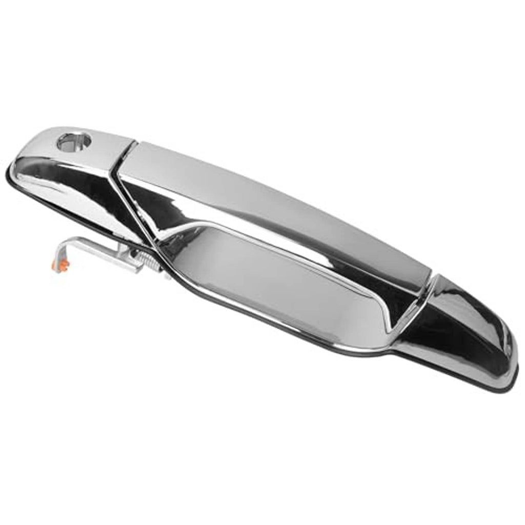 Exterior door handle with silver chrome finish and oval bezel, front left driver side