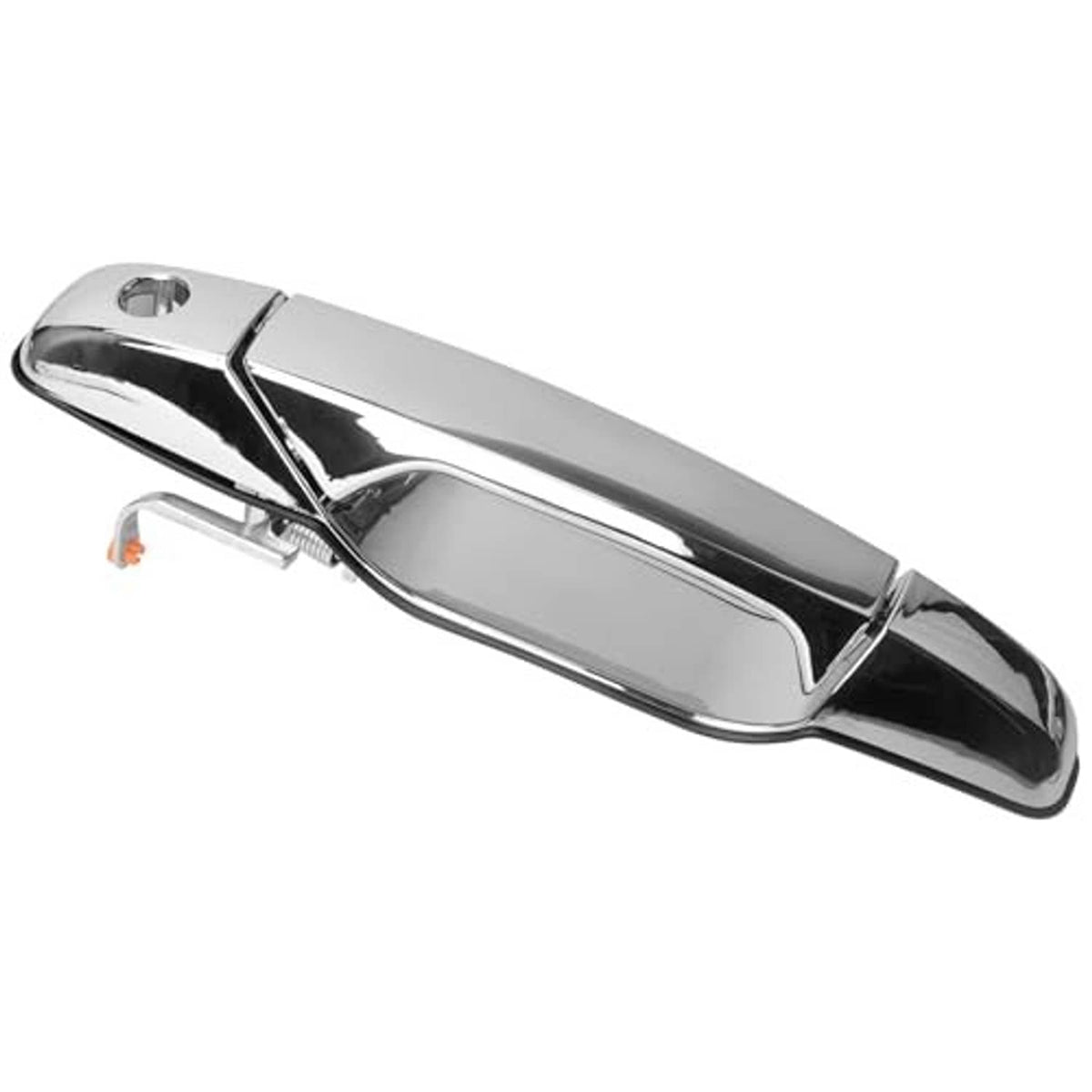 Exterior door handle with silver chrome finish and oval bezel, front left driver side