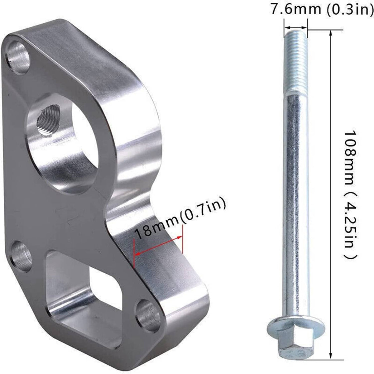 Silver water pump spacer with threaded mounting bolt, 7.6 mm spacing