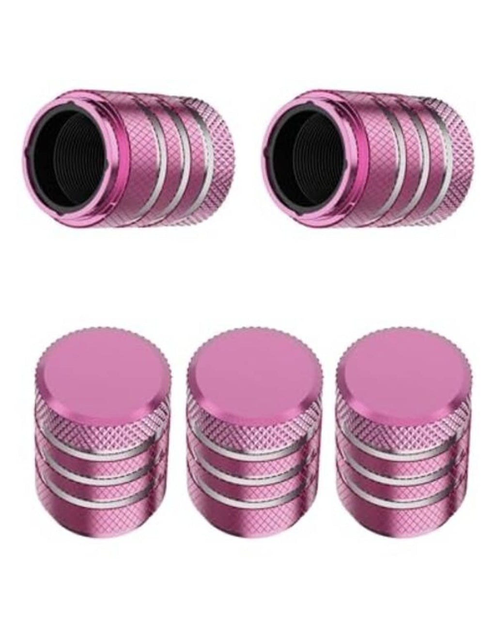 Pink metal tire valve stem cap covers, ribbed sides and round tops, 3 caps
