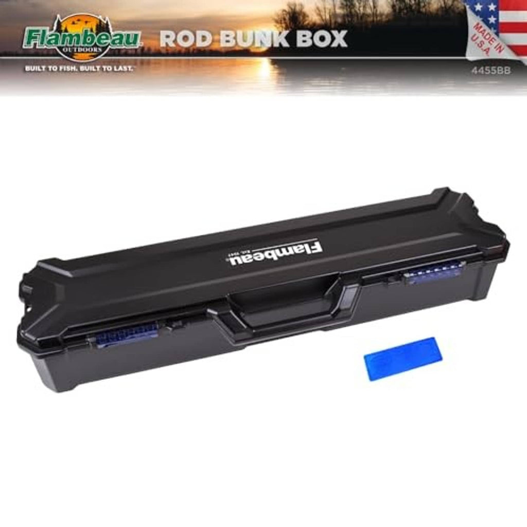 Black rod bunk box with carry handle cutout, recessed latch, and blue guide accents.