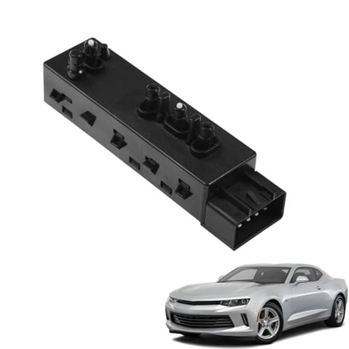 Black power seat switch module with rocker buttons and open connector housing